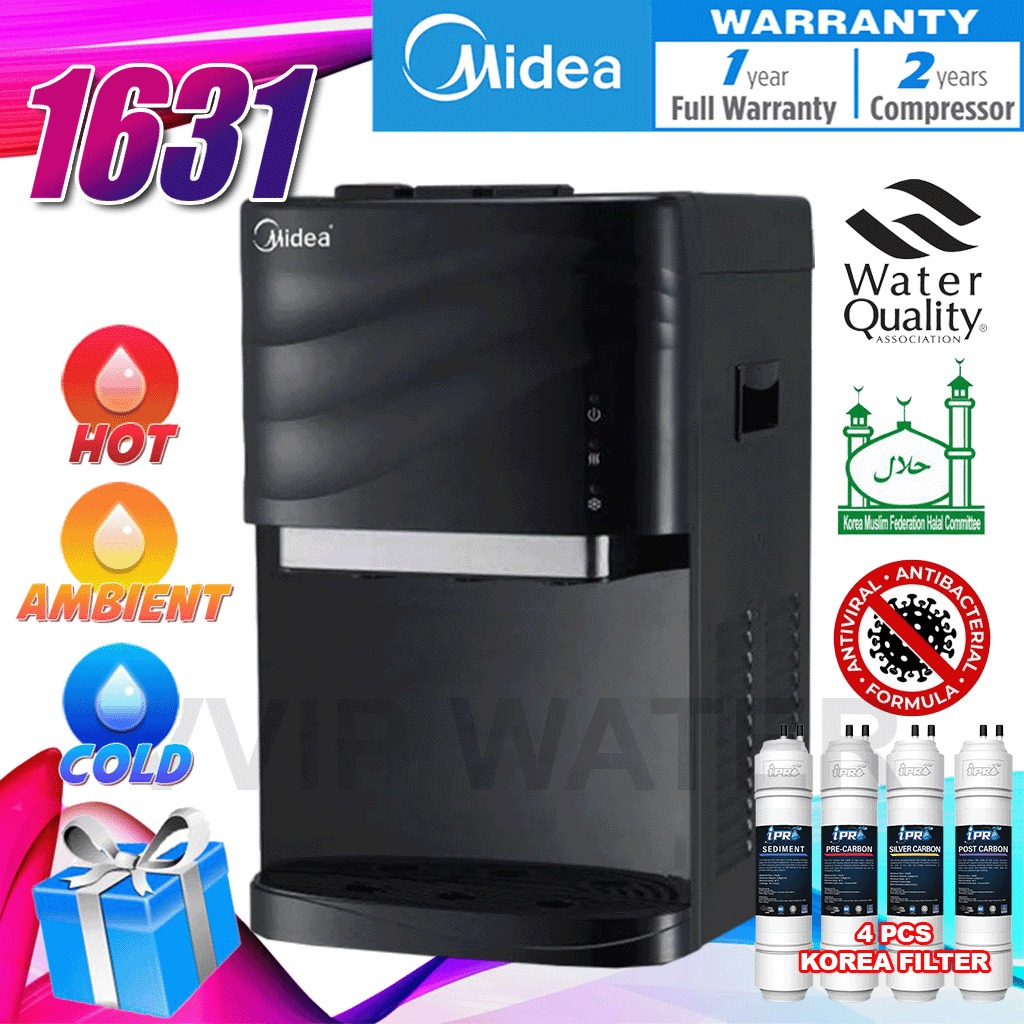 Penapis Air Midea Mild Alkaline Water Dispenser Hot Normal Cold Model: :1631 or 1630 With 4 Korea Halal Water Filter