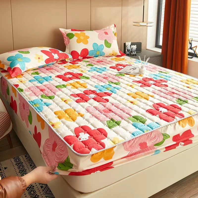 3 IN 1 Cotton Fitted Bedsheet Mattress Cover Single/Queen/King Flower Colored Fitted sheet Bed Cover Non Slip Sheet