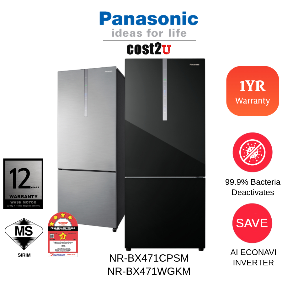 Panasonic 465L Inverter 2-Door Bottom Freezer Refrigerator | NR-BX471CPSM NR-BX471WGKM Fridge Peti Sejuk Ais