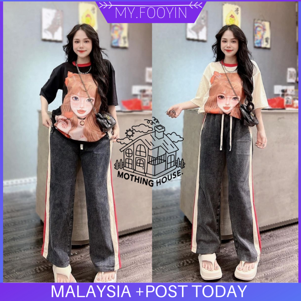 C68 READY STOCK MYFOOYIN Fashion Pakaian Wanita Pakai Baju Olahraga Lady Lengan Panjang Longgar Baju Seluar Pants