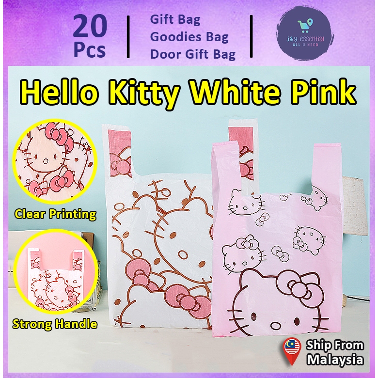 Gift Bag 20pcs Goodies Bag Door Gift Birthday Wedding Party (47) Hello Kitty Pink White Plastic Bags