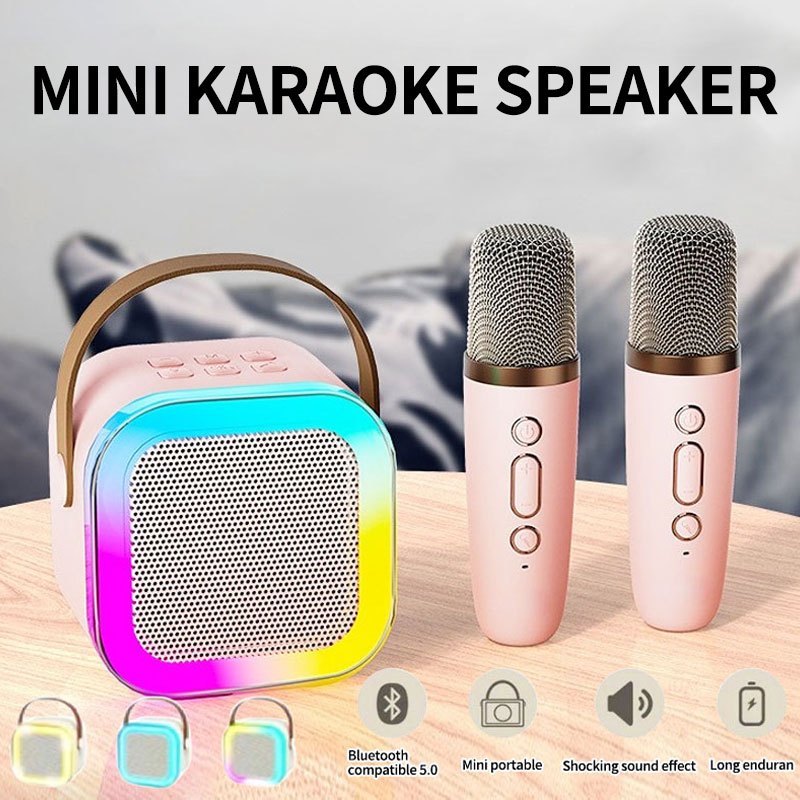 Mini Karaoke Wireless Audio Speaker Bluetooth Microphone Portable Home KTV Dual Microphone k12 Mini speaker With LED