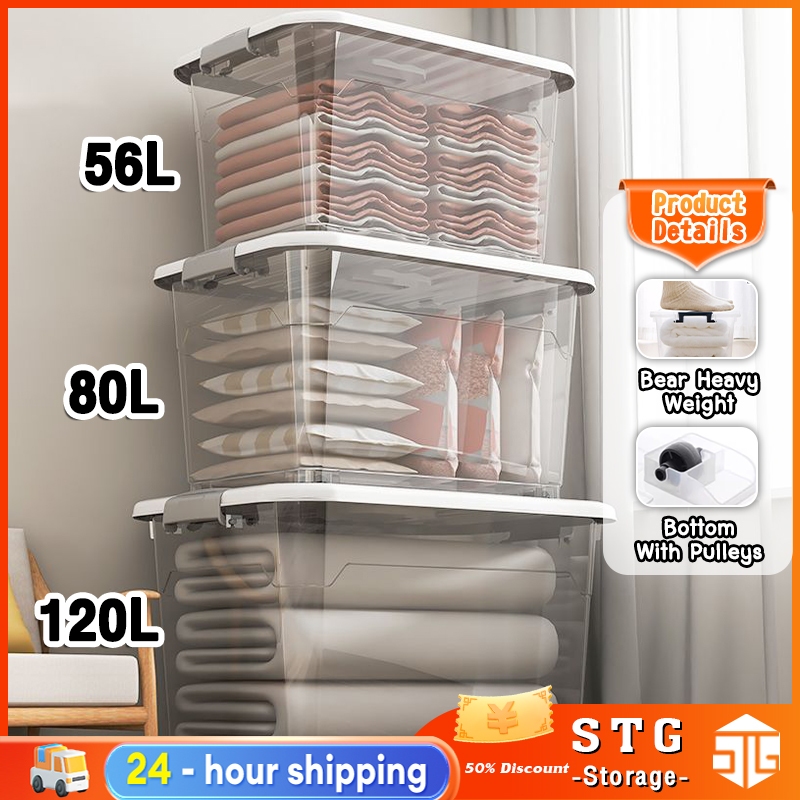 120L/80L/56L Storage Box Portable Transparent Kotak Simpanan with Lids & Wheels Storage Box