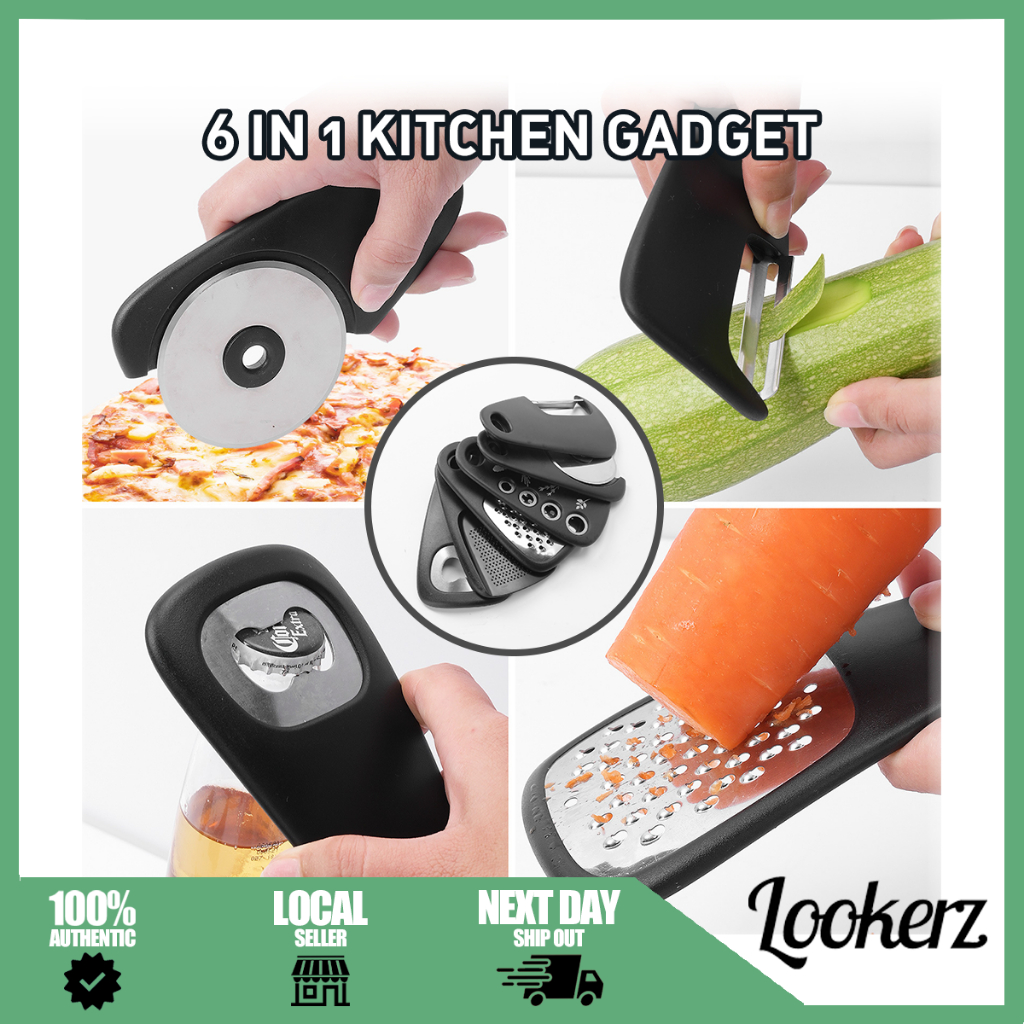 ✅[MY] 6 in 1 Kitchen Gadget/ Herb Cutter Garlic Grinder/ Fruit Vegetable Peeler/ Can Opener/ Cheese Grater/ Pizza Cutter