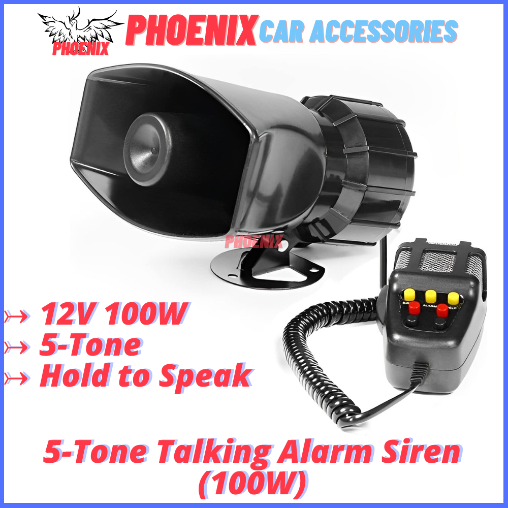 100W Talking Siren Car Alarm Horn 5-Tone Sounds Car Siren Vehicle Horn Mic PA Speaker System Loud Security Bunyi Kereta