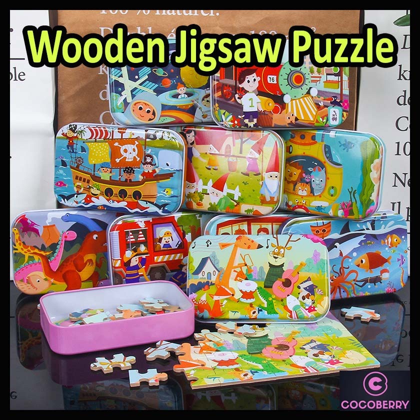 60pcs Wooden Cartoon Puzzle in Metal Iron Box Jigsaw Puzzle for Early Kids Learning Game Montessori Education Gift