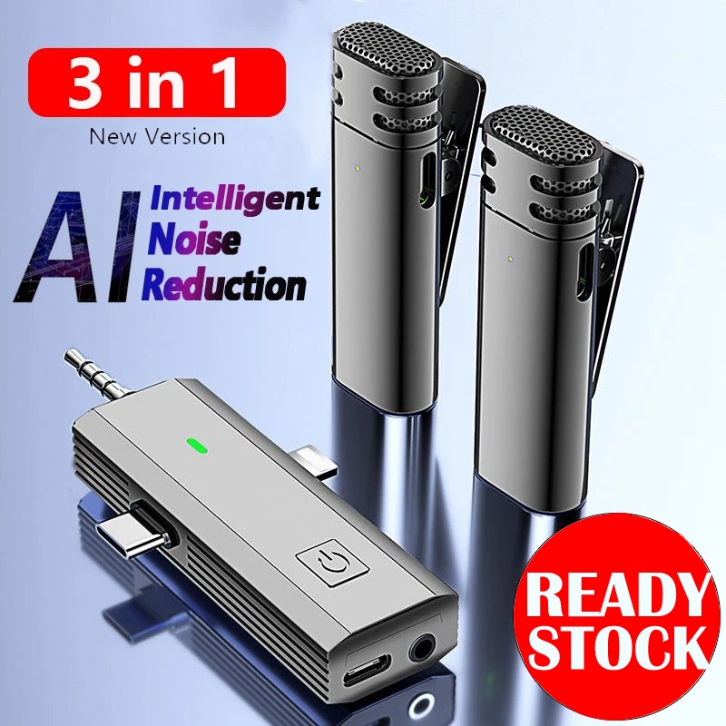 3 In 1 Wireless Lavalier Microphone Intelligent Ai Noise Reduction Dual Lapel Mic For Phone Android Type-C 3.5mm Camera