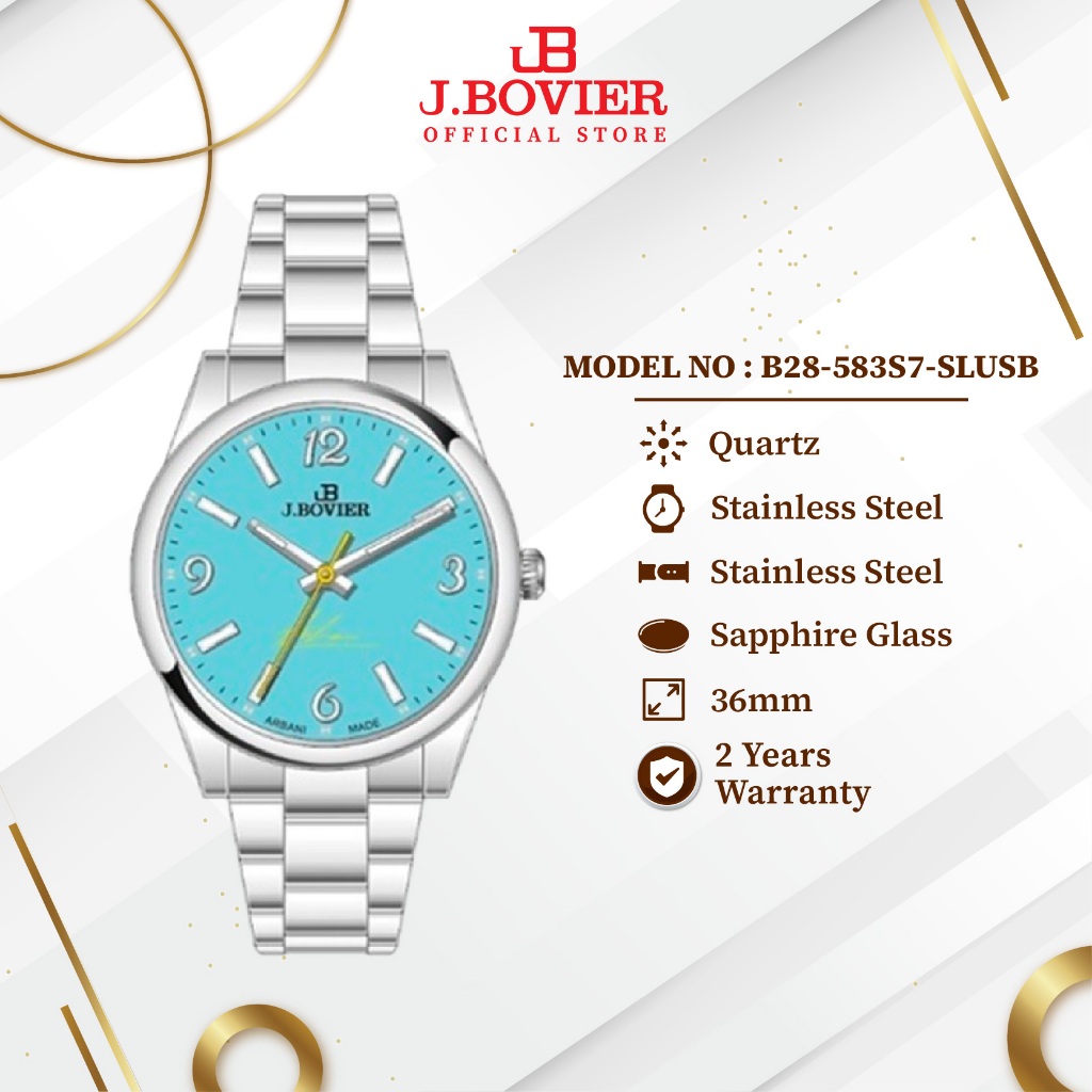 [2 Years Warranty] J.Bovier Stainless Steel Quartz Unisex Watch Jam Tangan Unisex B28-583S7-SLUSB