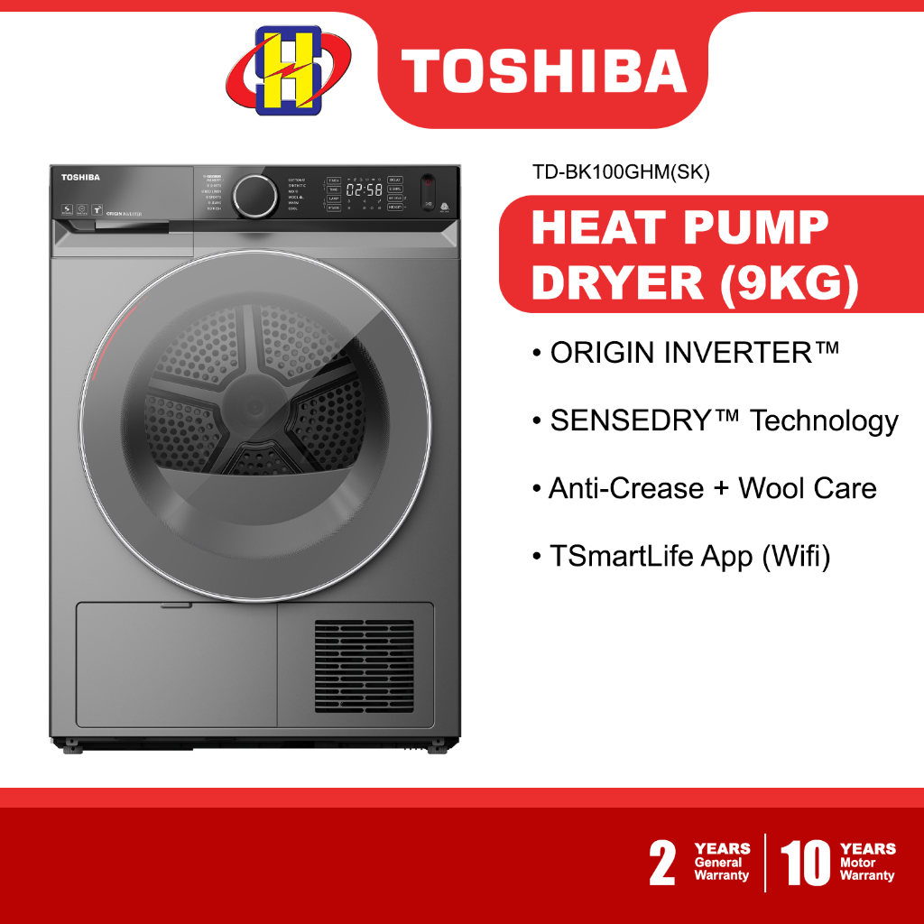 Toshiba Heat Pump Dryer (9KG) Origin Inverter SenseDry™ Anti-Crease Dryer TD-BK100GHM(SK)