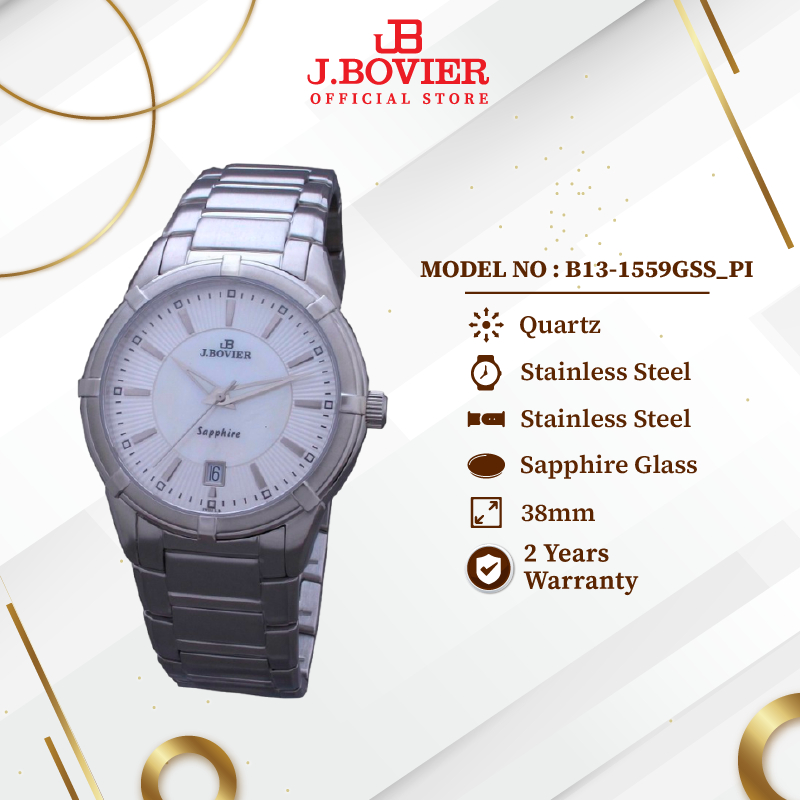 [2 Years Warranty] J.Bovier Stainless Steel Quartz Men Watch Jam Tangan Lelaki B13-1559GSS_PI