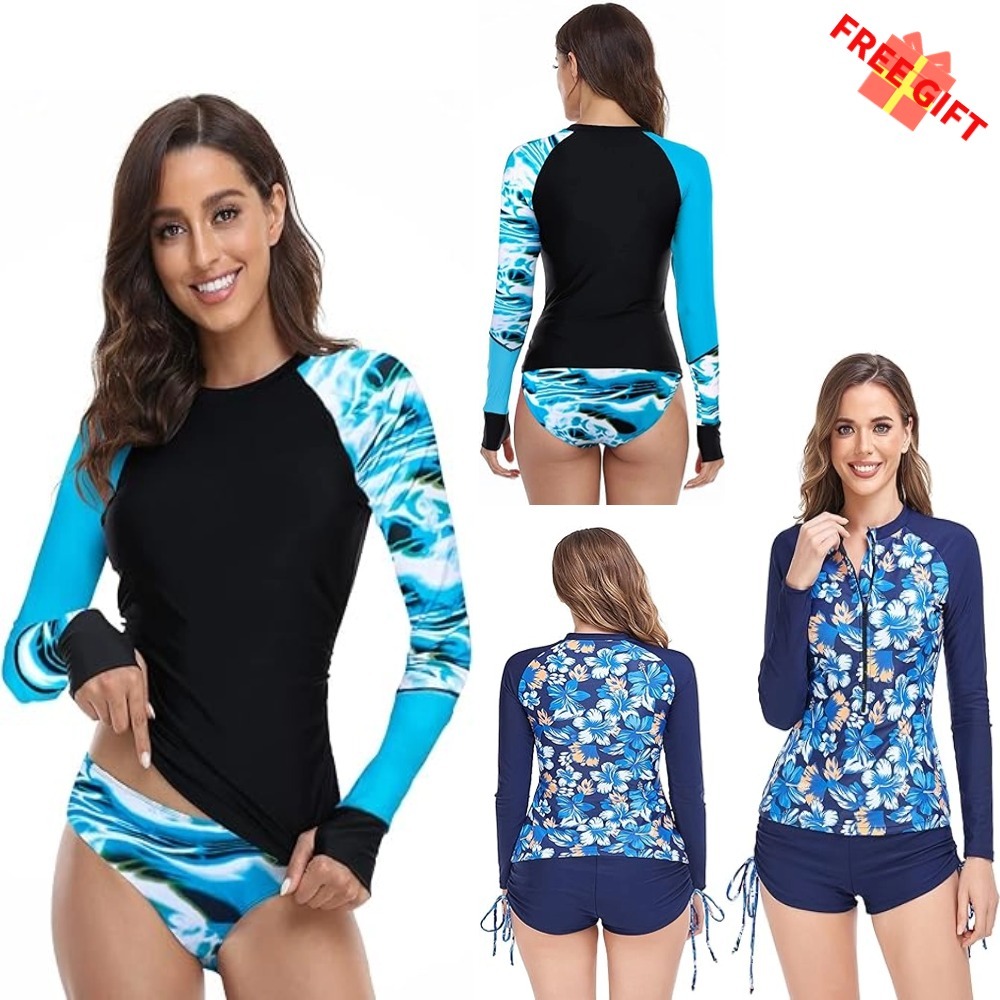 ✅Malaysia Stock✅Women Two Piece Rash Guard Long Sleeve Swimwear UV UPF 50+ Bathing Suit Tropical Print Swim Shirt