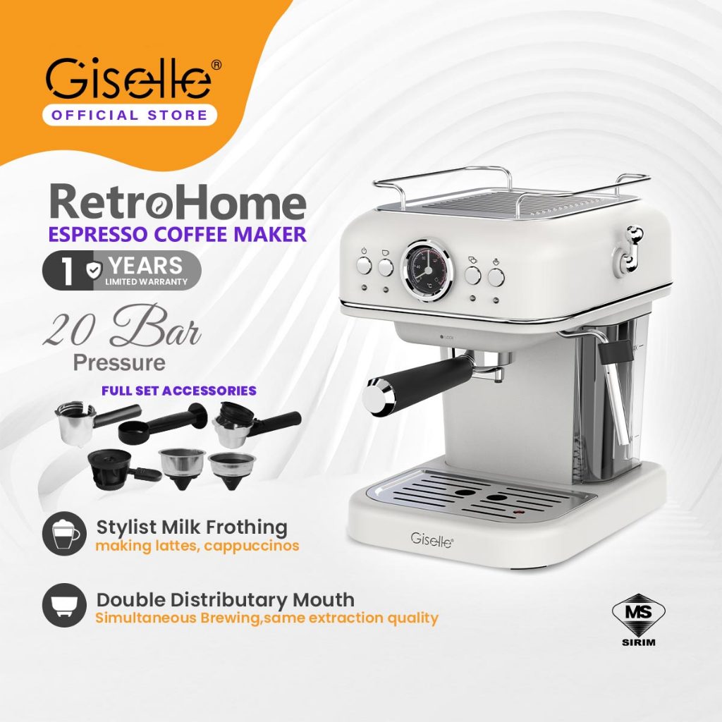 20 Bar Giselle 51mm 1.0L Espresso Automatic Retro Series Coffee Machine, Coffee Maker with Milk Frothing (950W)