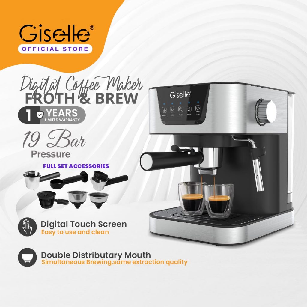 Giselle Double Cup 19 Bar Espresso Coffee Milk Bubble Maker Machine with Milk Frothing - 1050W (KEA0332 / KEA0332FS)