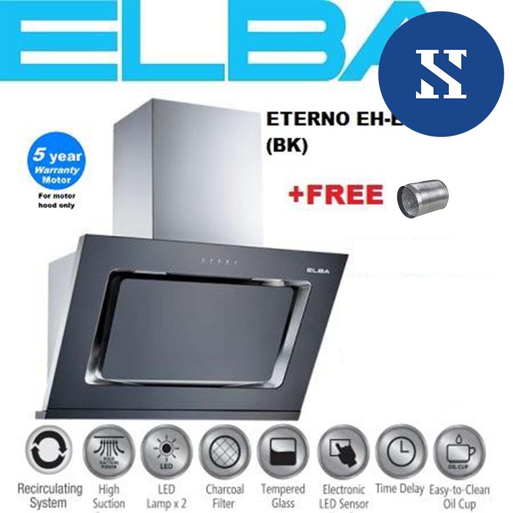 ELBA COOKER HOOD EH-E9122 ST(BK)+Elba EGH-G8593G(BK) Built-in Glass Hob With Safety Valve