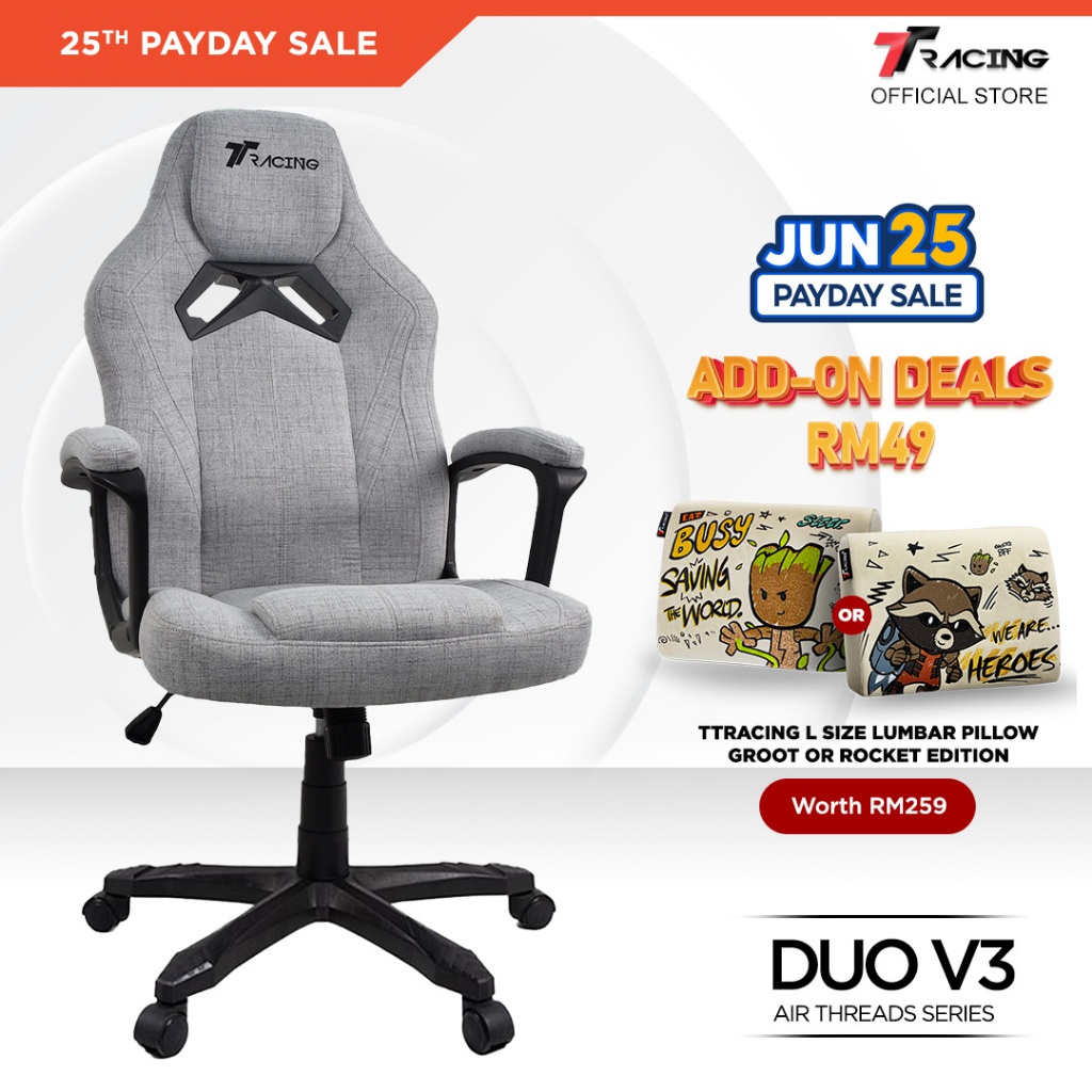 TTRacing Duo V3 Air Threads Fabric Gaming Chair Ergonomic Office Chair Kerusi Gaming - Dawn - 2 Years Official Warranty