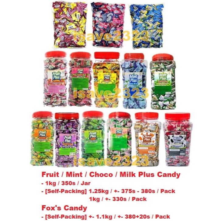 [HALAL] Fruit Plus/Mint/Choco/Milk/Fox's Candy (1kg/350s/Jar)/[Self-Packing] (1.1kg-1.25kg/+-375s-380s/Pack)-16 Flavours