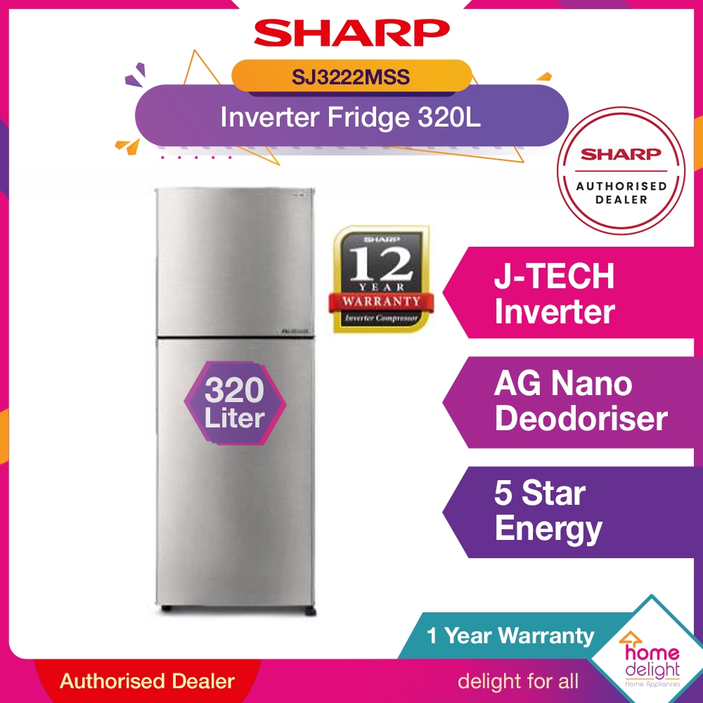 [FREE SHIPPING] Sharp 2 Door Fridge Inverter 320L (Silver) [ SJ3222MSS ]