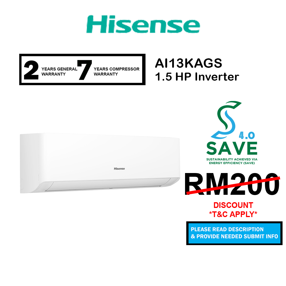 (SAVE 4.0) Hisense Air Cond AI13KAGS 1.5HP Inverter Air Conditioner R32 Aircond Penghawa DIngin