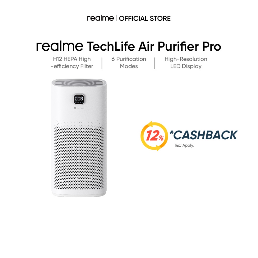 realme Techlife H12 HEPA High-Efficiency Filter 6 Purification Modes & High-Resolution LED Air Purifier Pro