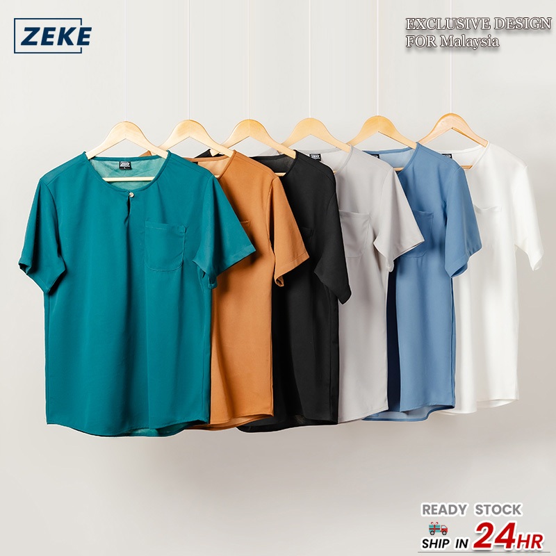 ZEKE D0024 Lelaki Kurta Kasual Lengan Pendek Men's Pocket Short Sleeve Loose Tops