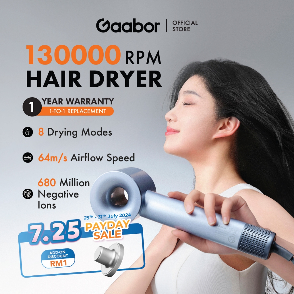 Gaabor Hair Dryer 1400W Moisture Lock Negative Ionic 4 Styling Modes Blue Light Fast Drying HD-M01