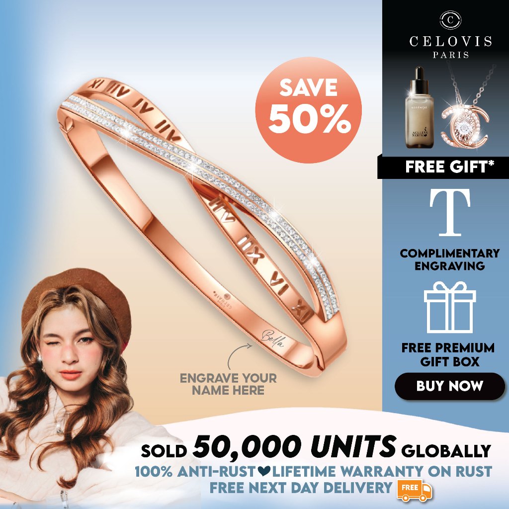 CELOVIS Vera Twin Row Zirconia with Roman Numeral Closed Hinged Bangle for Women (18K Rose Gold