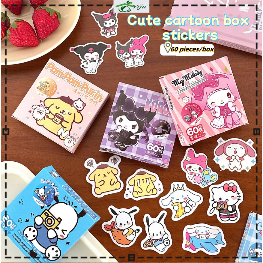 [Stock] 60pcs Sanrio Kuromi Hello Kitty Sticker Cartoon Cute Graffiti Card Laptop Manual Mug Decorative Box Sticker