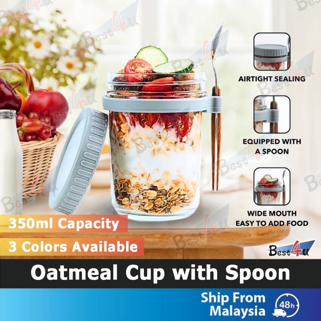 BEST4U 350ml Glass Oatmeal Cup | Breakfast Yogurt Cereal Cup with Lid Spoon | Portable Sealed Bottle Jar | Cawan Oat