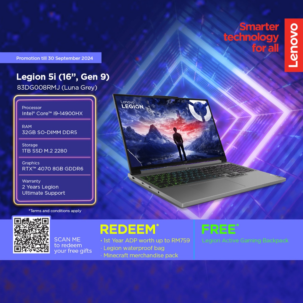 Lenovo Legion 5 AI 83DG008RMJ (Intel i9-14900HX/32GB/1TB SSD/RTX4070 8GB/16" WQXGA 240HZ/AI CHIP /RGB/W11) Gaming Laptop