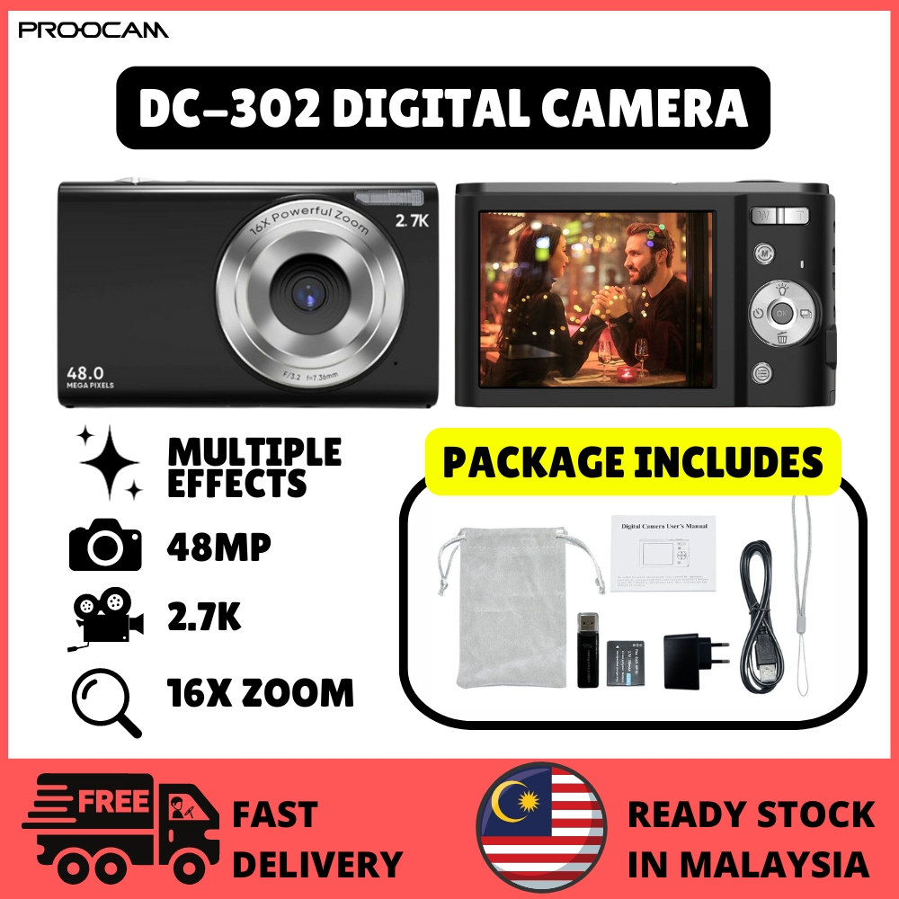 READY STOCK PROOCAM DIGITAL CAMERA DC-302 Vintage Classic Travel Memory 16X Zoom Auto Focus Face Detect 2.8" 48MP B