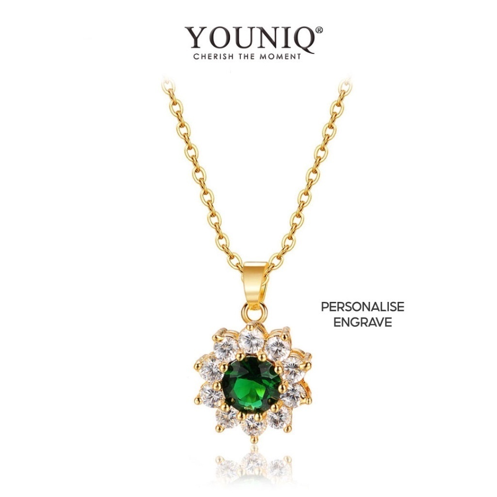 YOUNIQ EMERALD Floral 18K Gold Titanium Necklace with Green Cubic Zirconia 50+5cm