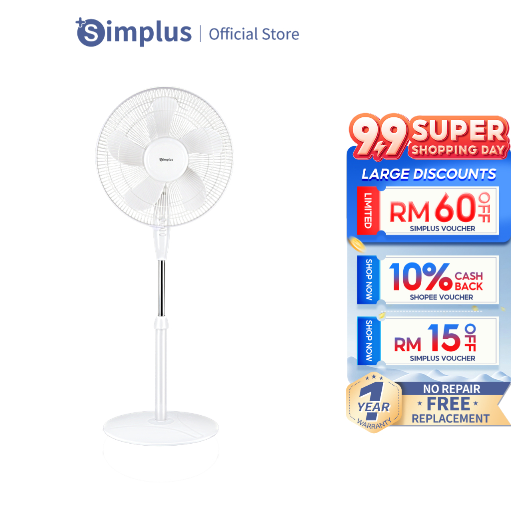 Simplus Electric Standing Fan 2 in 1 Stand Fan/Desk Fan 3 Speed Control 50W Power 16 Inch Adjustable Heightclow Noise