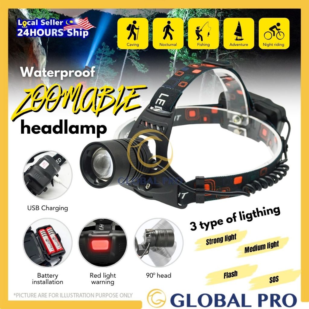 T80 Head lamp With Zoom Lampu Suluh Rechargeable Battery Adjustable Head Torch for Camping Hiking Fishing Headlight