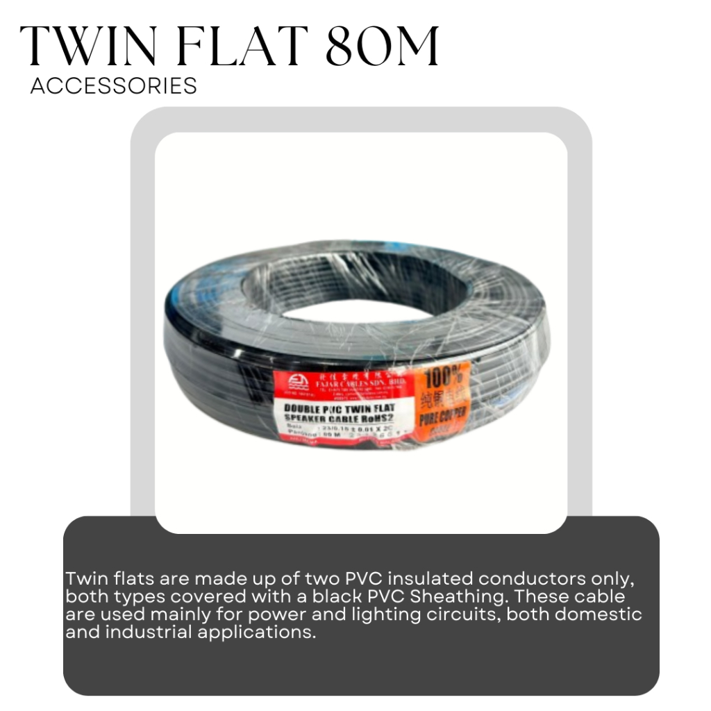 DAHUA CCTV PVC Twin Flat Power Cable Fajar Cable 23/0.15 x 2 Core Speaker Wire (80M)