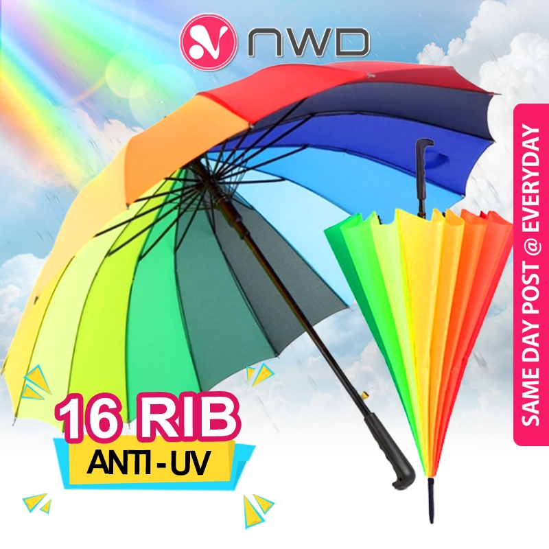 《 》Long Handle Rainbow Auto Umbrella One Click Open 16 Rib Large Canopy Anti UV Golf Umbrellas Payung Hujan 雨伞