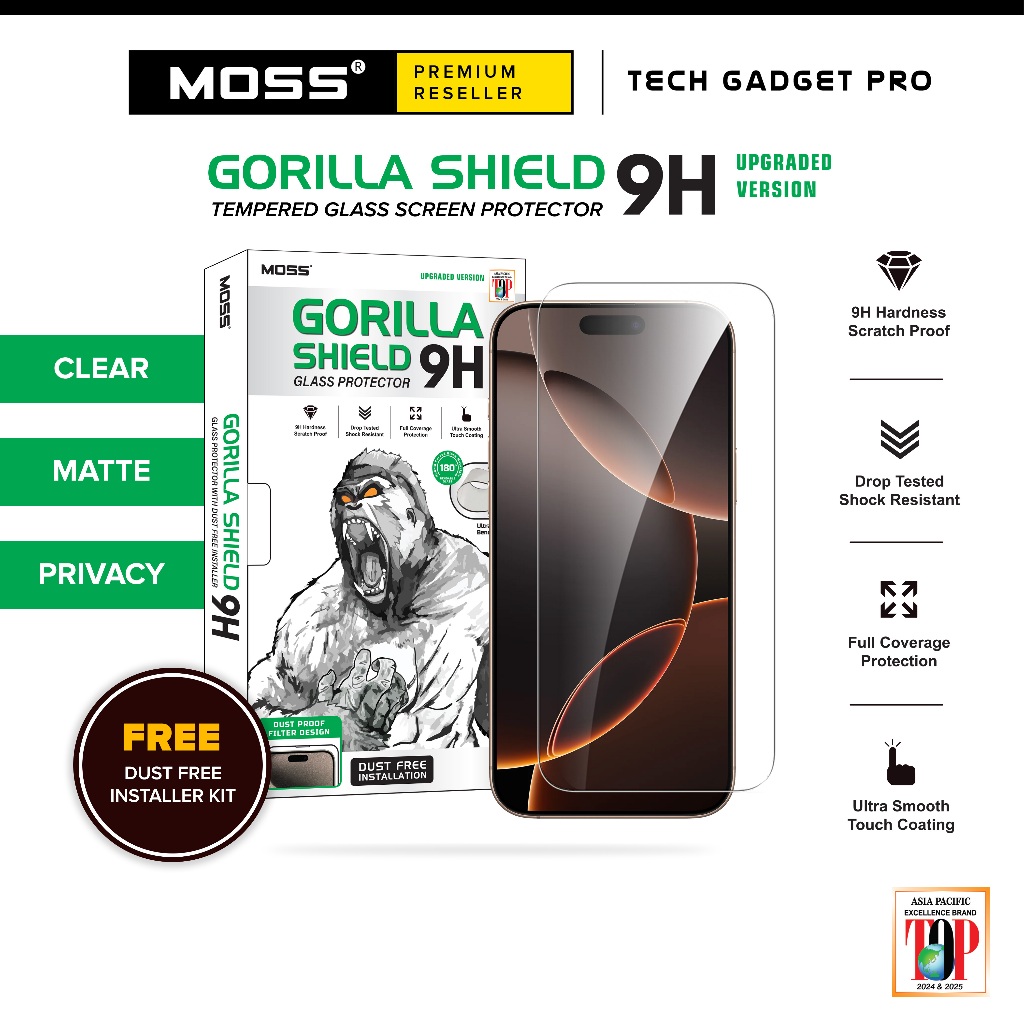 MOSS Gorilla Shield 9H Full Cover Tempered Glass - iPhone 16 15 14 Plus 13 12 Pro Max Clear Matte Privacy