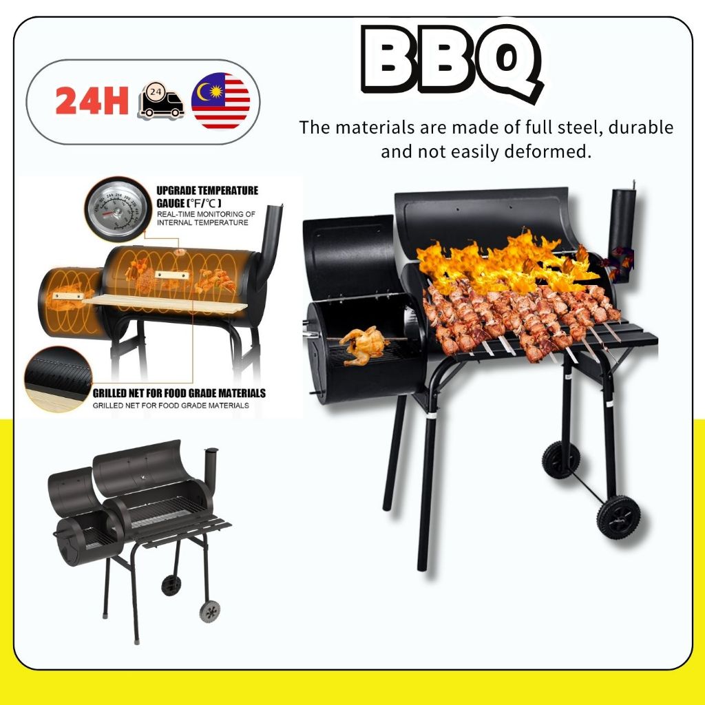 BBQLarge BBQ Grill Outdoor Charcoal Grill Steak Grill Rotisserie Chicken Grill Whole Lamb Cooking Oven with Thermometer