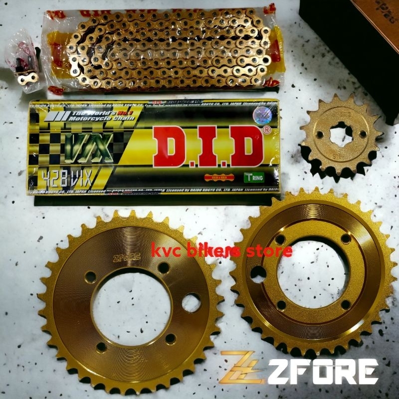 DID 428 VIX T RING GOLD CHAIN + ZFORE SPROCKET LC135 / Y15ZR Y16ZR 4 LUBANG HUB / RXZ / Y125ZR /Y110