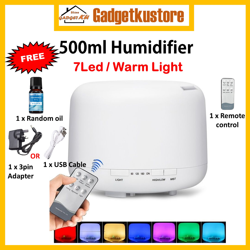 [FREE OIL] 500ML LED Air Humidifier (With Remote)3pin Adapter/USB Cable Aroma Diffuser Home & Office Humidifier