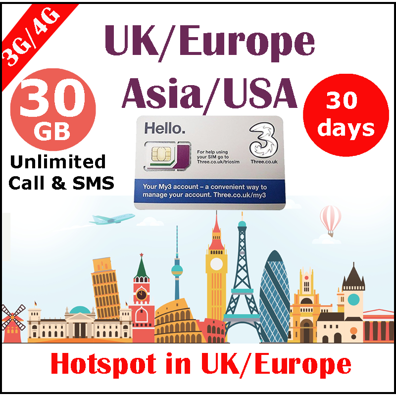 Europe USA HK SG UK World THREE Travel Sim Card 30GB Data + Unlimited Calls SMS for 30 days