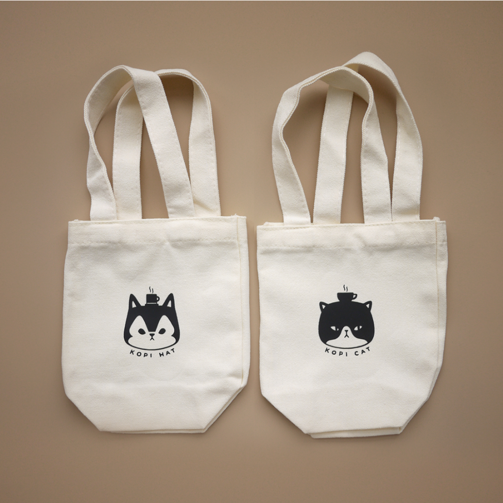 Kopi Cat Cup Canvas Holder Bag | Water Bottle | Boba Tea | Coffee | Eco Friendly Gifts | Cup Holder | Cat Lovers