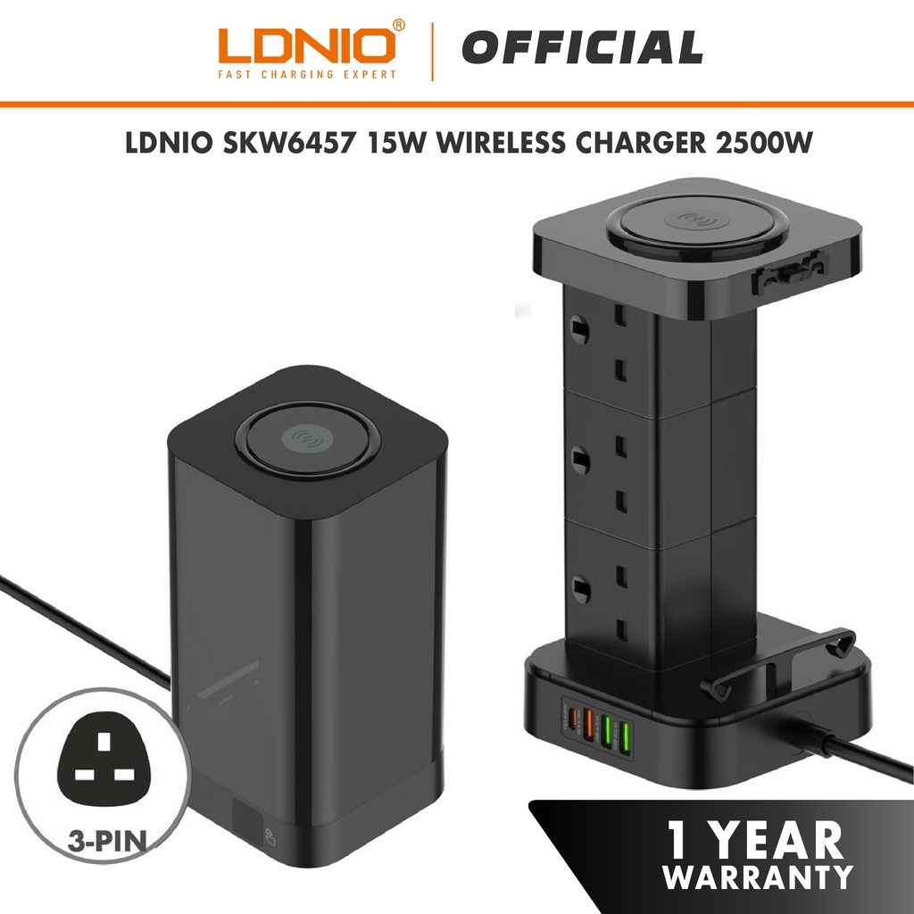 LDNIO SKW6457 15W Wireless Charger 2500W Tower Extension Power Socket with PD 30W+QC 3.0 2 Auto-ID Timer Switch