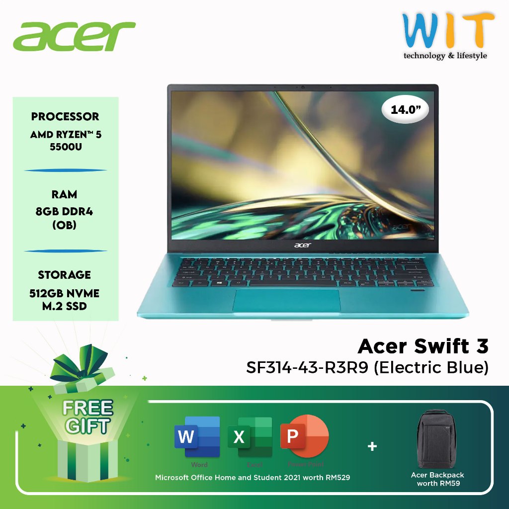 Acer Swift 3 SF314-43-R3R9 /AMD Ryzen 5 5500U /8GB RAM /512GB SSD /14"0 FHD /AMD Radeon /Ms Office /W11 /2Y Warranty