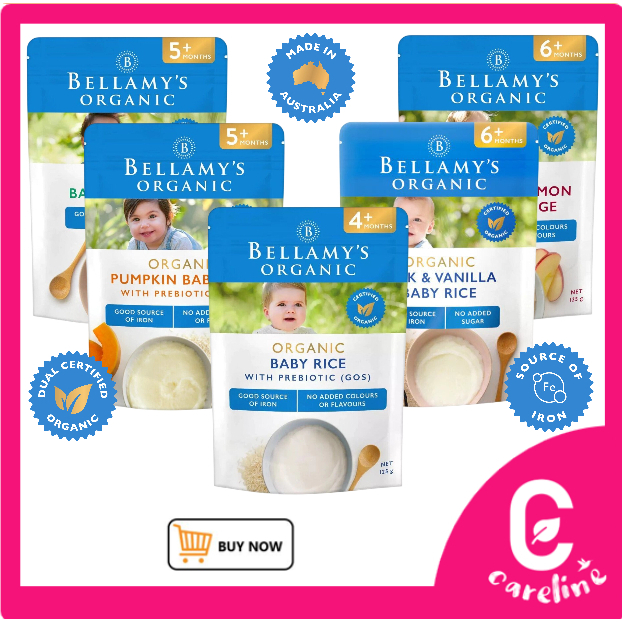 Bellamy's Organic Baby Rice Cereal w Prebiotic / Porridge / Milk & Vanilla / Apple Cinnamon / Pumpkin Puree Food Pouch