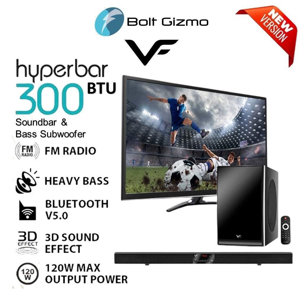 Vinnfier VF HyperBar 300 BTU Bluetooth Soundbar With Remote Control And Bass Subwoofer 3D Effect FM 