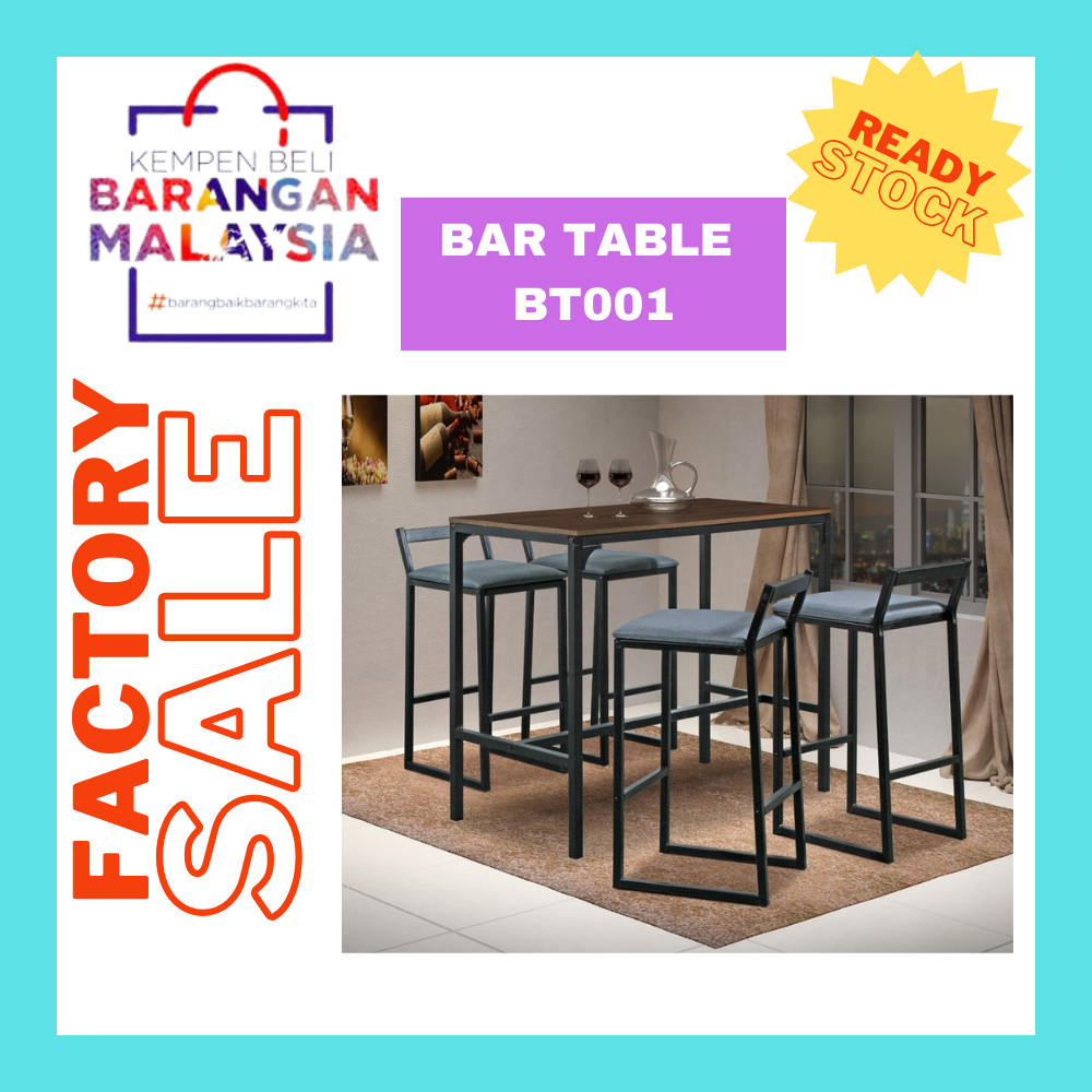 Modern Wooden Bar Table with Steel Frame & 4 Units High Bar Stool