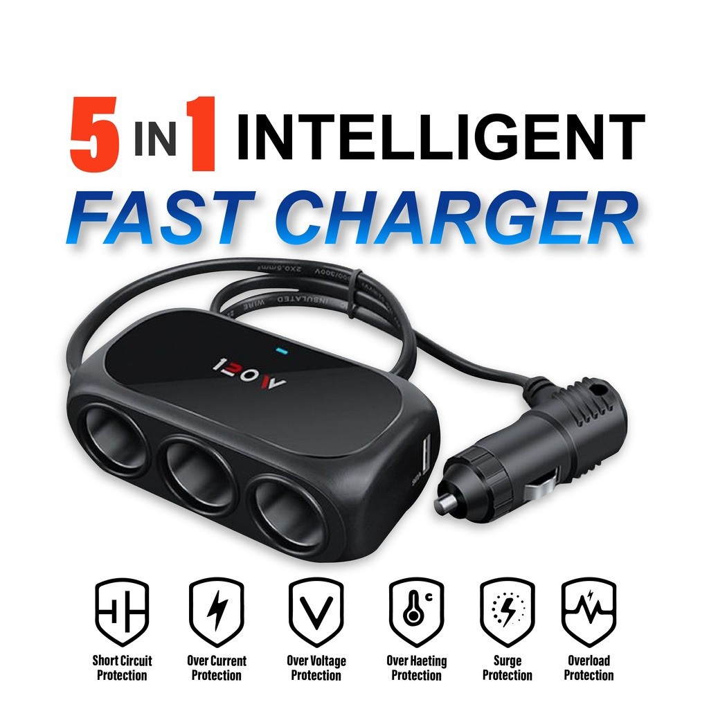 1PC Phone Charger 3 Cigarette Socket 2 USB Port DC 12-24V 120W Accessories 车内充电器