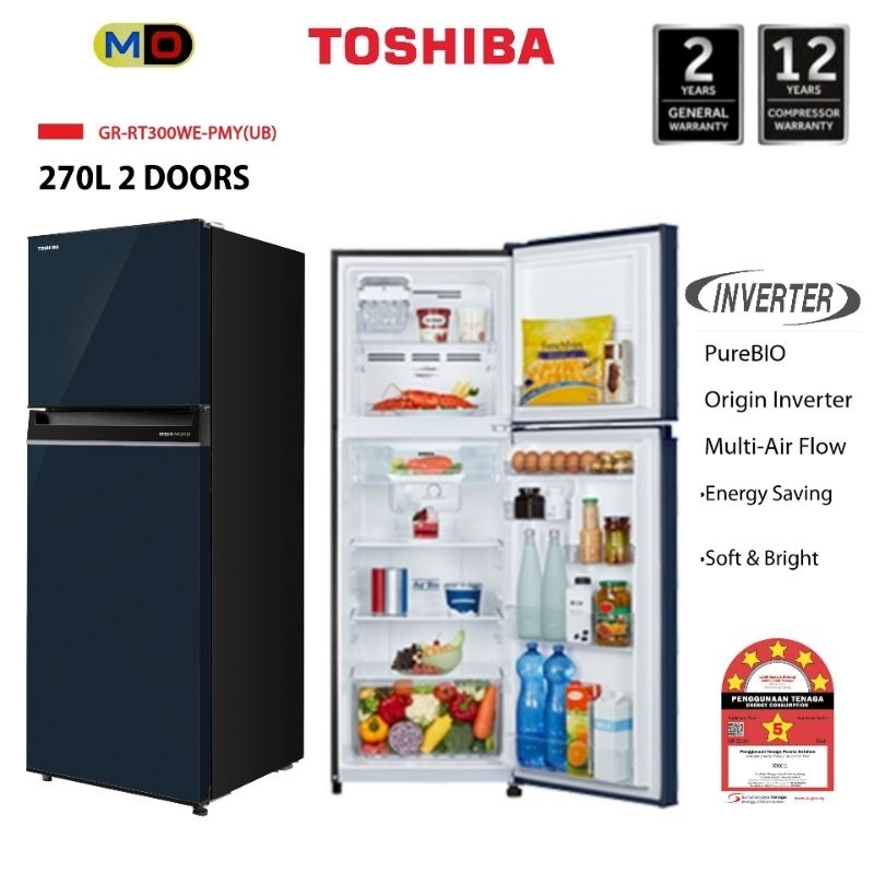 [FAST SHIPPING] TOSHIBA ORIGIN Inverter Refrigerator (270L) GR-RT300WE-PMY With 5 Star