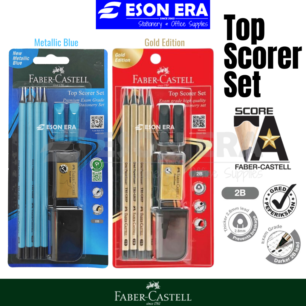 Faber-Castell Top Scorer Set Tri-Grip 2B Pencil Gold Edition 212143 / Metallic Blue 212146 Pensil Stationery Set