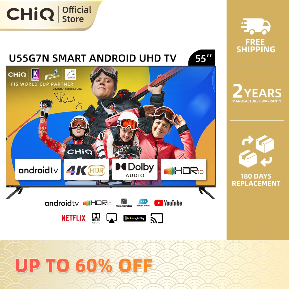 CHiQ TV 4K UHD 55" Full Screen LED Smart TV/Android TV 11/HDR10/Dolby Vision/Dolby Audio/Voice Control U55G7N 2023 New